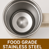 Stainless steel mug with 'Food Grade Stainless Steel' text on a white background