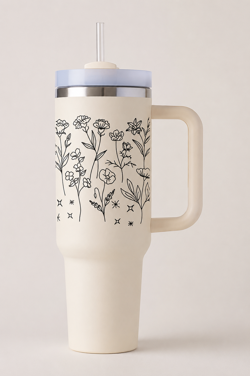 Floral Line Art 40oz Insulated Tumbler with Handle & Straw