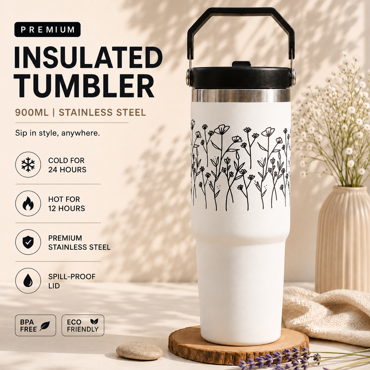 Minimalist Wildflower Travel Tumbler
