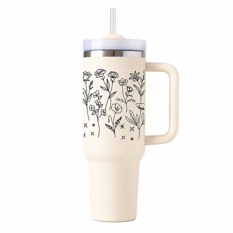 Floral Line Art 40oz Insulated Tumbler with Handle & Straw