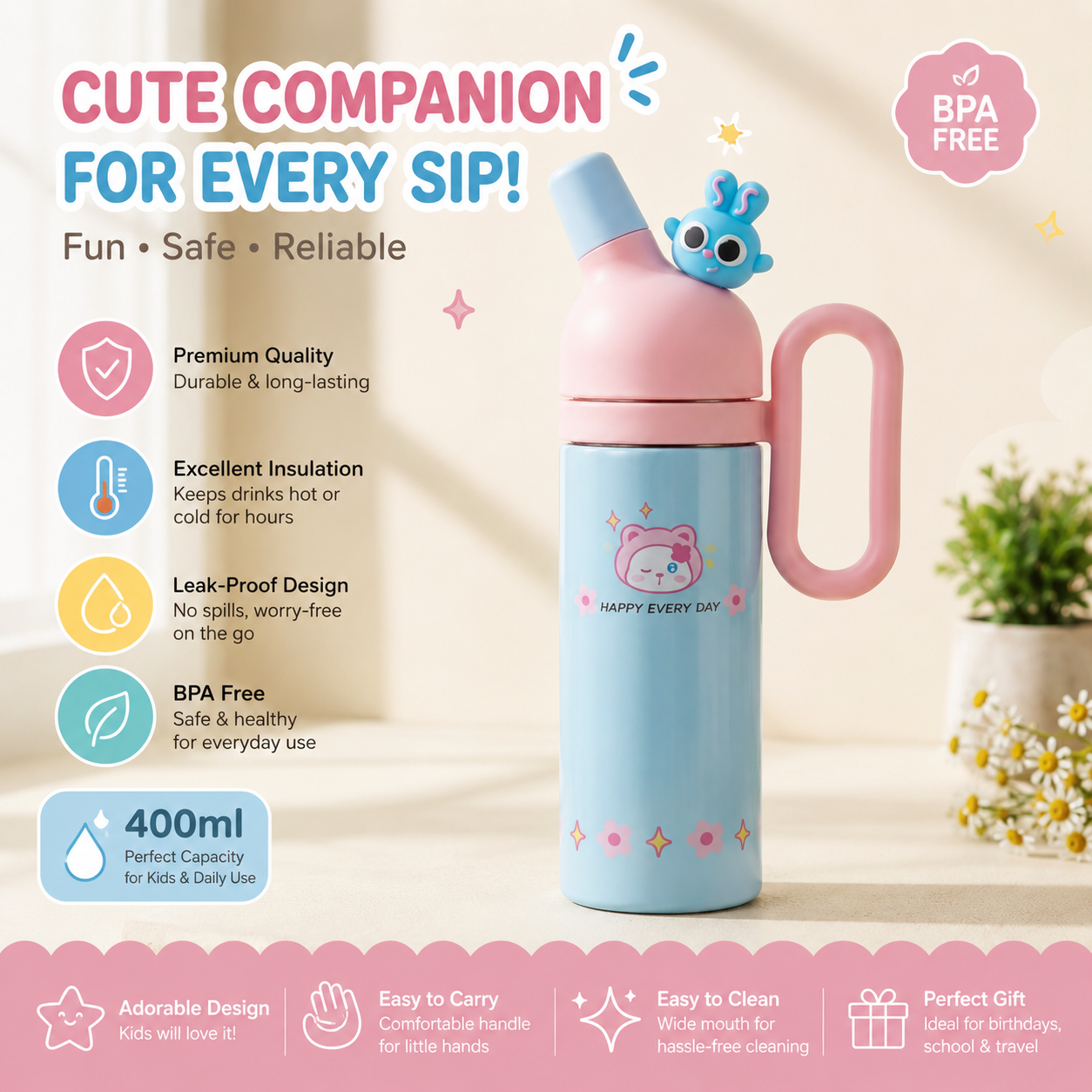 Kawaii Cartoon Insulated Water Bottle with Handle