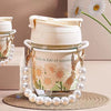Pearl Blossom Glass Tumbler with Handle & Straw Lid | Aesthetic Coffee Cup for Girls