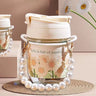 Pearl Blossom Glass Tumbler with Handle & Straw Lid | Aesthetic Coffee Cup for Girls