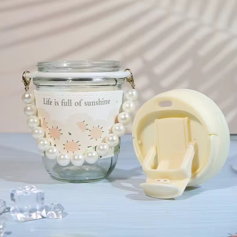 Pearl Blossom Glass Tumbler with Handle & Straw Lid | Aesthetic Coffee Cup for Girls